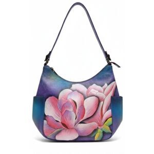 Anuschka womens hand painted genuine leather handbag purple pink hobo bag